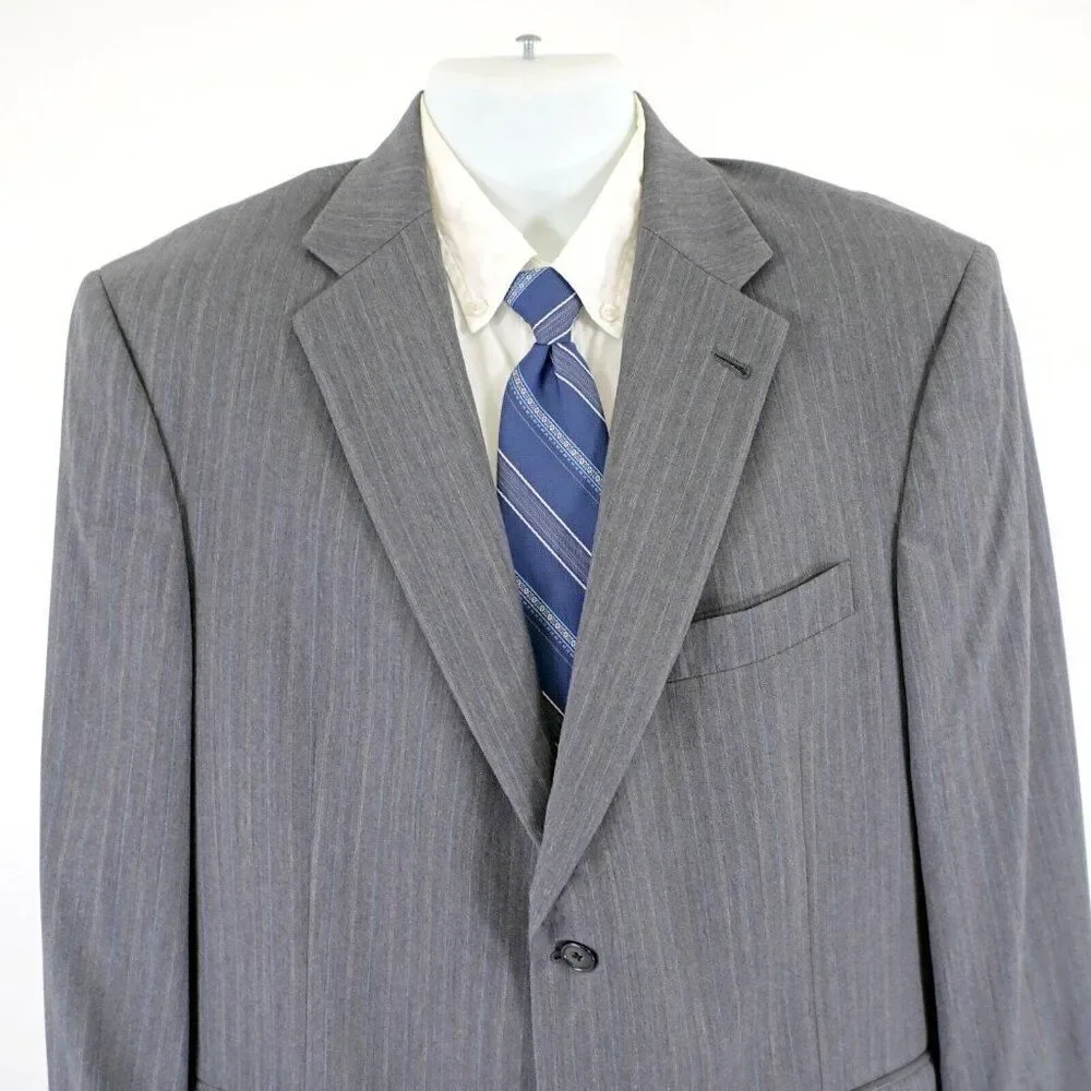 Hart Schaffner Marx‎ Wool Gray W/ Blue White Striped 40R / Slim 42R Suit Jacket